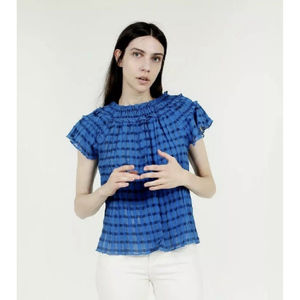 ULLA JOHNSON BLUE PLAID COTTON GAUZE YURI TOP Sz L - XL
